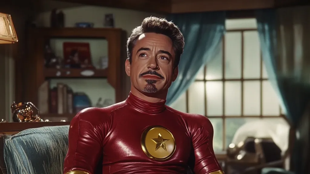 The image shows a man with short, dark hair and a goatee, wearing a red suit with a gold star on the chest. He is sitting in a chair, looking upwards with a thoughtful expression. The background is a blurry image of a room with a window and a bookshelf. The man's posture and the setting suggest a moment of contemplation or reflection.