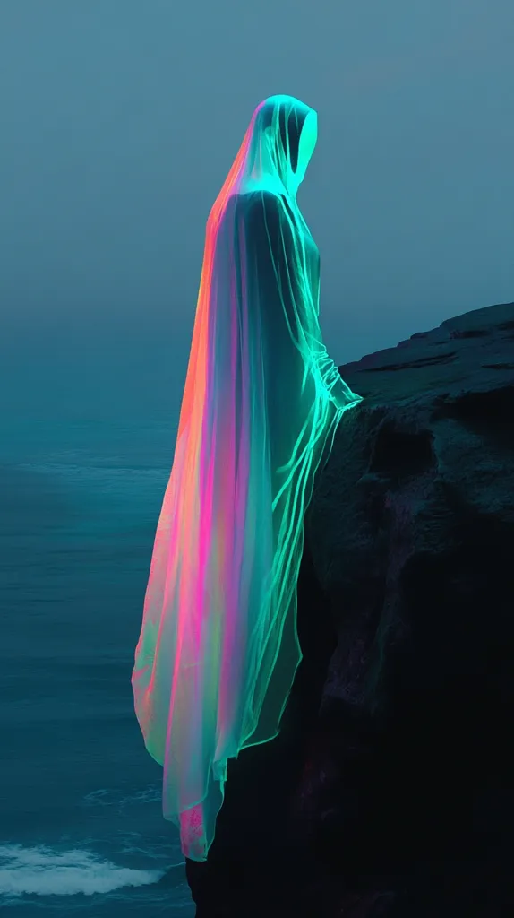 A figure, cloaked in iridescent fabric, stands on a rocky cliff overlooking a vast body of water. The fabric glows with shades of pink, green, and blue, creating an ethereal and otherworldly atmosphere. The scene is bathed in a soft, blue light, highlighting the figure's enigmatic presence. The combination of the figure's ethereal quality, the rugged cliffs, and the vast ocean evokes a sense of mystery and wonder.