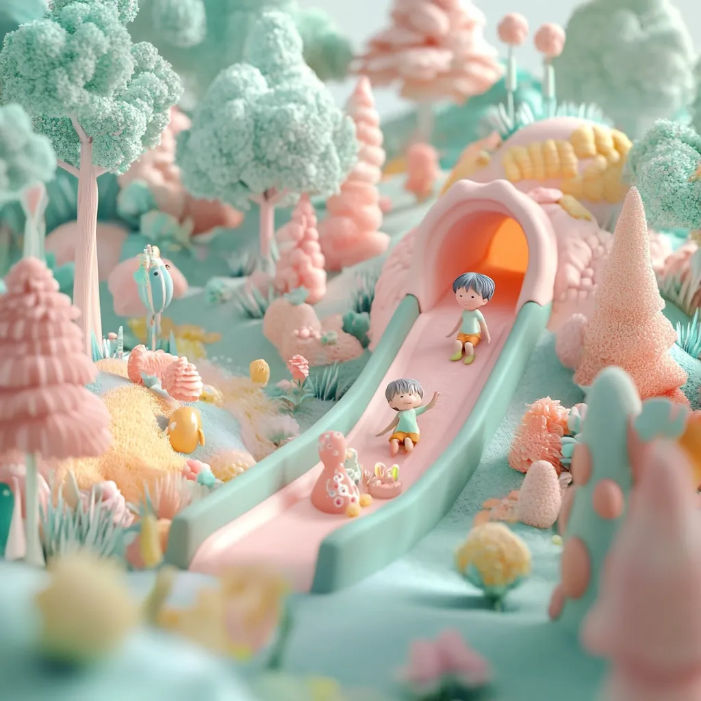The image depicts a whimsical and colorful landscape with two tiny figures sliding down a pink and green slide. The scene is filled with pastel-colored trees, flowers, and hills, creating a dreamlike and playful atmosphere. The figures are dressed in bright colors and appear to be having fun as they slide down the tunnel-like slide. The entire image exudes a sense of childlike wonder and joy.
