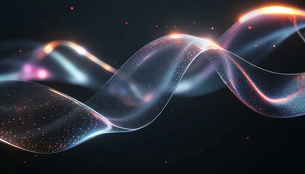 A luminous, translucent ribbon twists and turns against a black background.  The ribbon is shimmering with a spectrum of colors, including blue, pink, and orange, while small, twinkling lights are scattered throughout. The image creates a sense of movement and energy.