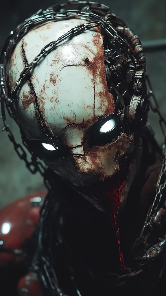The image shows a close-up of a robotic creature with a white, cracked, and rusty face. It is wearing a chainmail helmet and has glowing white eyes. The creature's mouth is open and a red liquid is dripping from it. The creature's body is mostly obscured by shadow but appears to be covered in chains and metal. The image evokes a sense of both horror and intrigue.