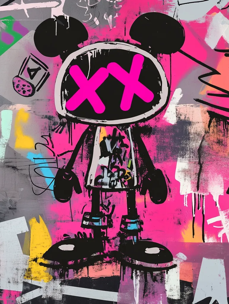 The image depicts a cartoon-like figure with Mickey Mouse ears, standing on a pink, graffiti-covered background. Its face is covered with a circular shape with two large pink "X"s over it. The figure is wearing a black and white patterned shirt, black pants, and black shoes. The image has a vibrant and playful aesthetic, with a bold use of color and texture. The graffiti adds a street art feel to the piece, creating a dynamic and energetic composition.