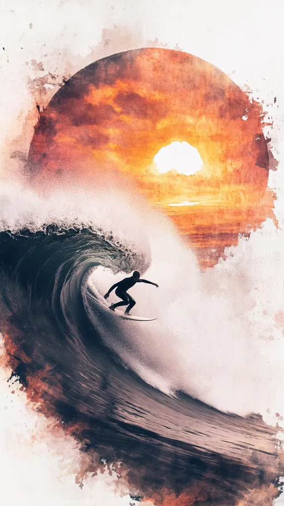 The image is a watercolor painting of a surfer riding a large wave. The surfer is silhouetted against a bright orange sunset sky, which is framed by a large, circular shape. The wave is breaking, creating a white foamy crest. The colors are muted and soft, giving the painting a dreamlike feel. The overall impression is one of tranquility and peace.