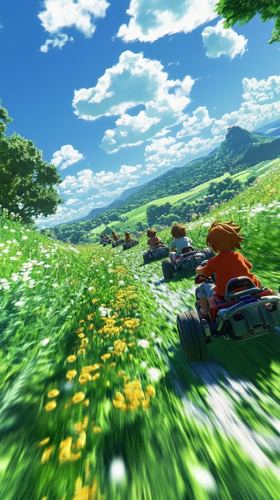 Five cartoon characters are racing go-karts down a winding path through a lush green field,  filled with white and yellow flowers. The background features a bright blue sky with fluffy white clouds and rolling hills. The go-karts are colorful and sleek, and the characters are animated and energetic. The scene is full of action and excitement, with the go-karts speeding along the path and the characters competing to win. The bright colors and clear skies create a cheerful and fun-loving atmosphere.