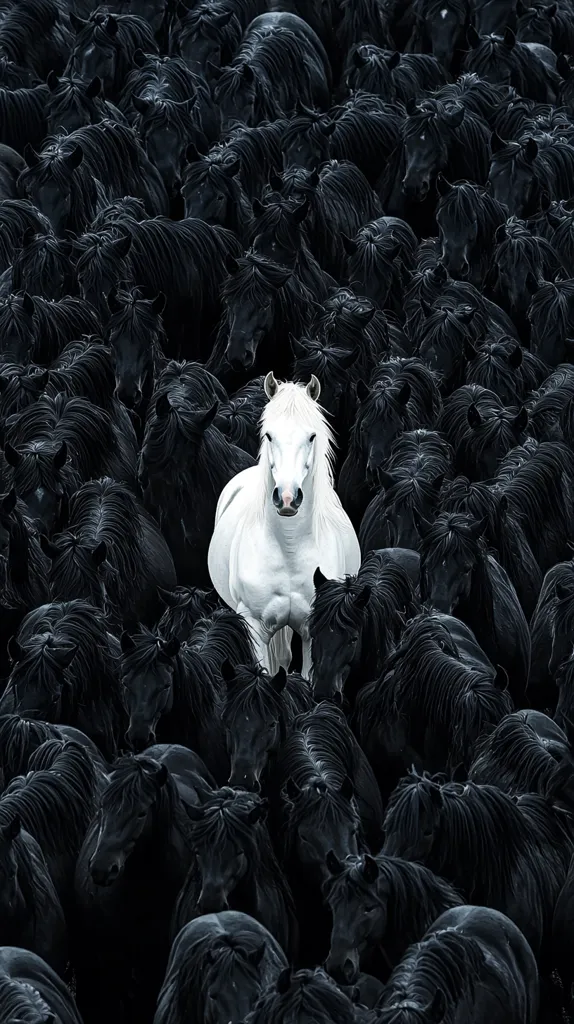 A single white horse stands out amongst a large herd of black horses. The white horse is in the center of the image, and it is surrounded by the black horses. The white horse is the only one of its kind in the herd, and it stands out from the rest. The image is a powerful representation of individuality and uniqueness.