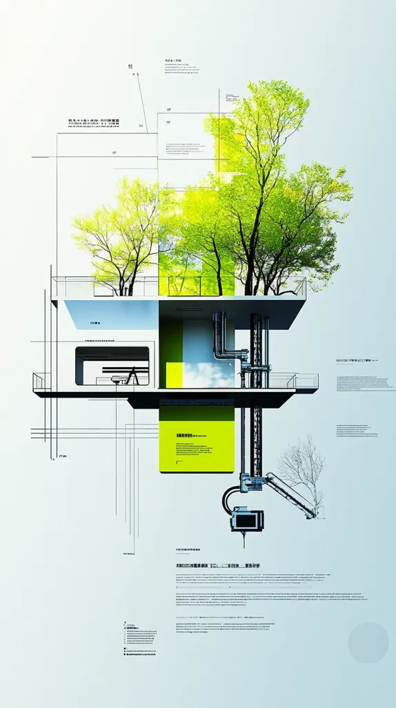 The image is a graphic design that depicts a floating structure with trees growing on top of it. The structure is made of white and gray concrete, with black metal pipes running through it. There is a small room in the middle with a table and chairs. Below the structure is a yellow rectangular sign and some metal pipes. The design is surrounded by a grid of black lines and text in an Asian language. The overall tone is modern and futuristic.