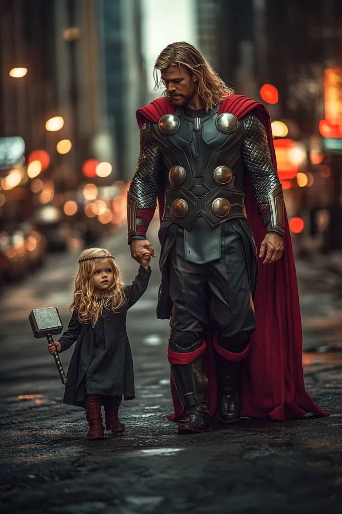 A man dressed as Thor walks down a city street with a little girl. The girl is holding a toy hammer and they are both looking down.  The man is wearing a full costume, including a red cape, while the girl is wearing a black dress.  The city is lit by streetlights and the background is blurred. The image has a sense of fun and adventure, but also a touch of seriousness.