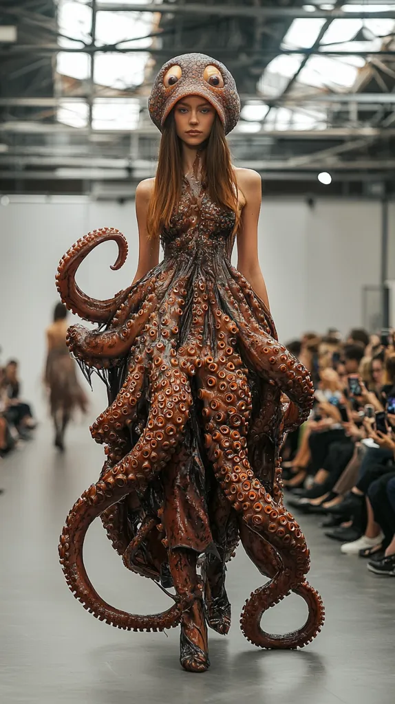 A woman walks the runway in a  fashion show, wearing a dress and headpiece fashioned to resemble an octopus. The garment is intricately sculpted to mimic the tentacles and texture of an octopus, with multiple appendages extending from the dress. The model's expression is stoic, emphasizing the avant-garde nature of the outfit. The background features a blurred audience, creating a sense of spectacle and performance. The overall image is a bold statement of artistic expression and fashion innovation.