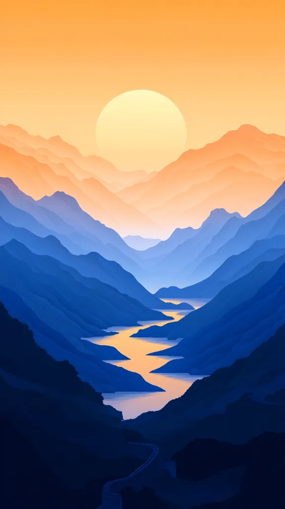 A sun-drenched sky hangs above a vast mountain range. The deep blue mountains are layered and create a sense of depth. A long, winding road runs through the valley, and a river cuts through the center, reflecting the light of the setting sun. The scene is serene and peaceful, with a sense of grandeur and wonder.