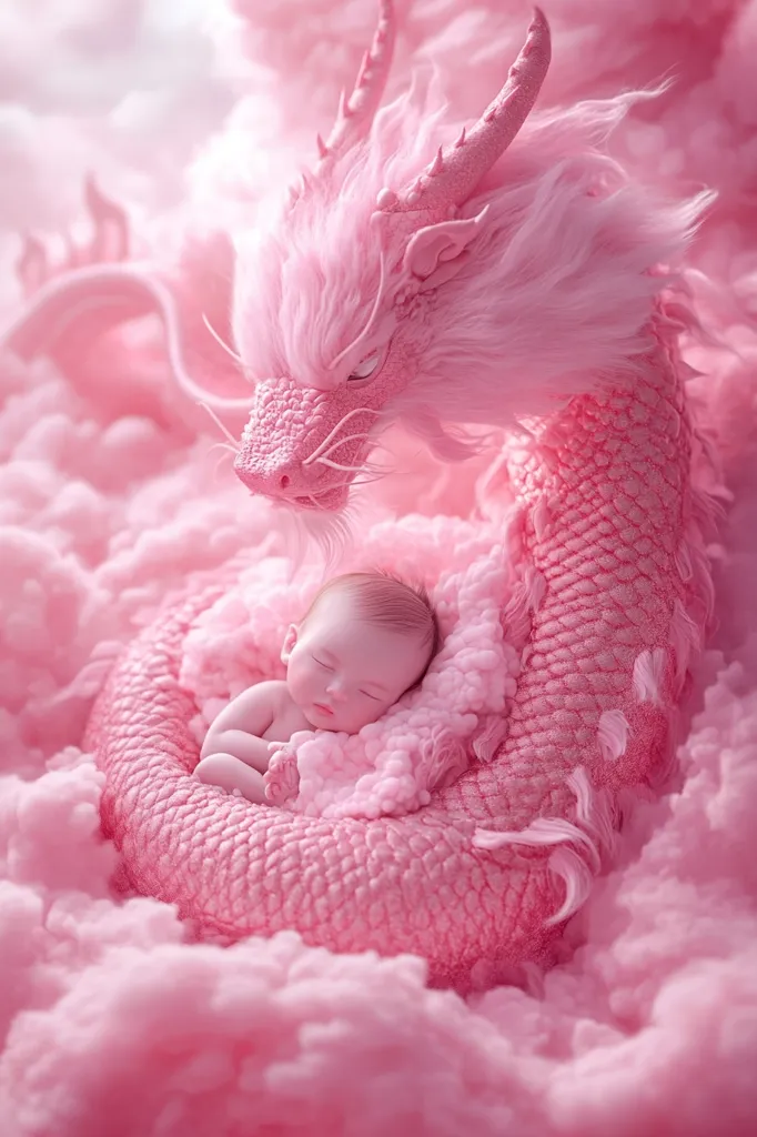 A baby sleeps peacefully in a pink dragon's coils, surrounded by fluffy pink clouds. The dragon is made of soft, plush material, and its head is bent down towards the baby as if watching over it. The scene is a whimsical and dreamy depiction of a baby's peaceful slumber.