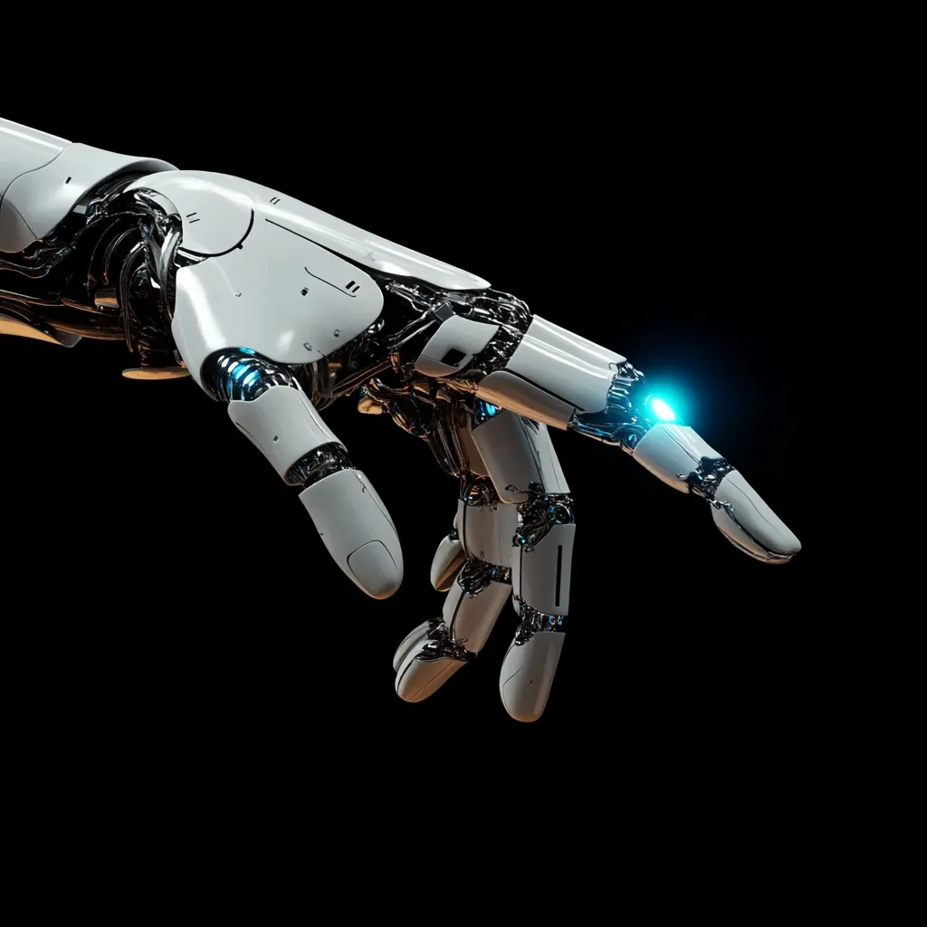 A white robotic hand with silver joints and glowing blue lights extends its index finger. The hand appears to be reaching out or pointing, creating a sense of futuristic technology and artificial intelligence. It is isolated against a black background, highlighting its intricate details.