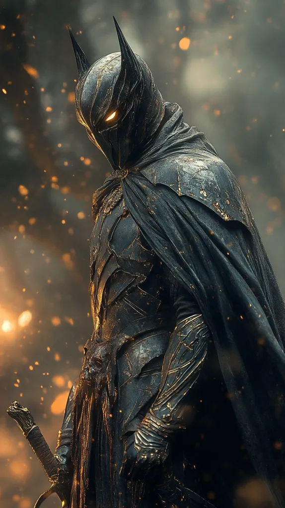 A dark, imposing figure clad in heavy armor and a flowing cape stands against a backdrop of swirling smoke and golden embers. The figure's face is obscured by a helmet with glowing eyes, and the intricate details of the armor suggest a powerful and ancient warrior. The image evokes a sense of mystery and danger, with the figure seeming to emerge from the darkness and prepare for battle. The sword at his side adds to the sense of imminent action.  The lighting and composition draw the viewer's eye to the figure, creating a sense of awe and intimidation.  The image could be interpreted as a representation of the power and strength of a warrior, or the darker, more vengeful side of a hero.