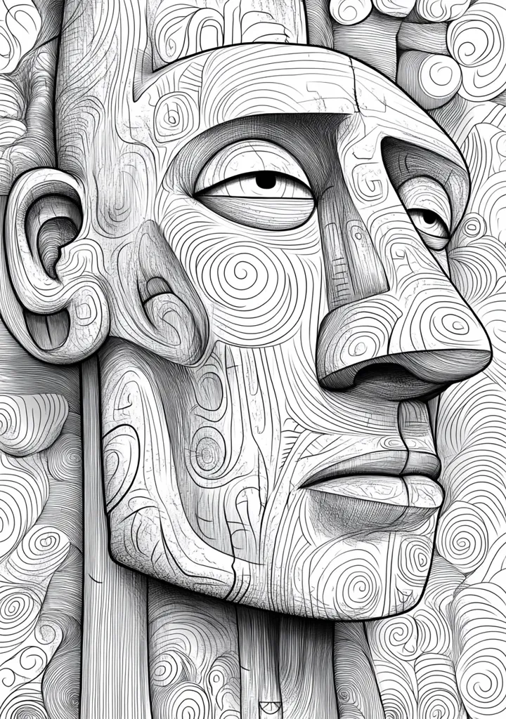 The image is a black and white illustration of a person's face. The face is drawn with intricate detail, and the lines and swirls create a sense of texture and depth. The person's expression is neutral, with their eyes slightly closed and their lips pursed. The drawing is done in a style that is reminiscent of traditional woodcuts or engravings. The lines are bold and sharp, and the overall effect is one of starkness and power.  The image is full of detail and texture, and it is sure to capture the attention of anyone who sees it.