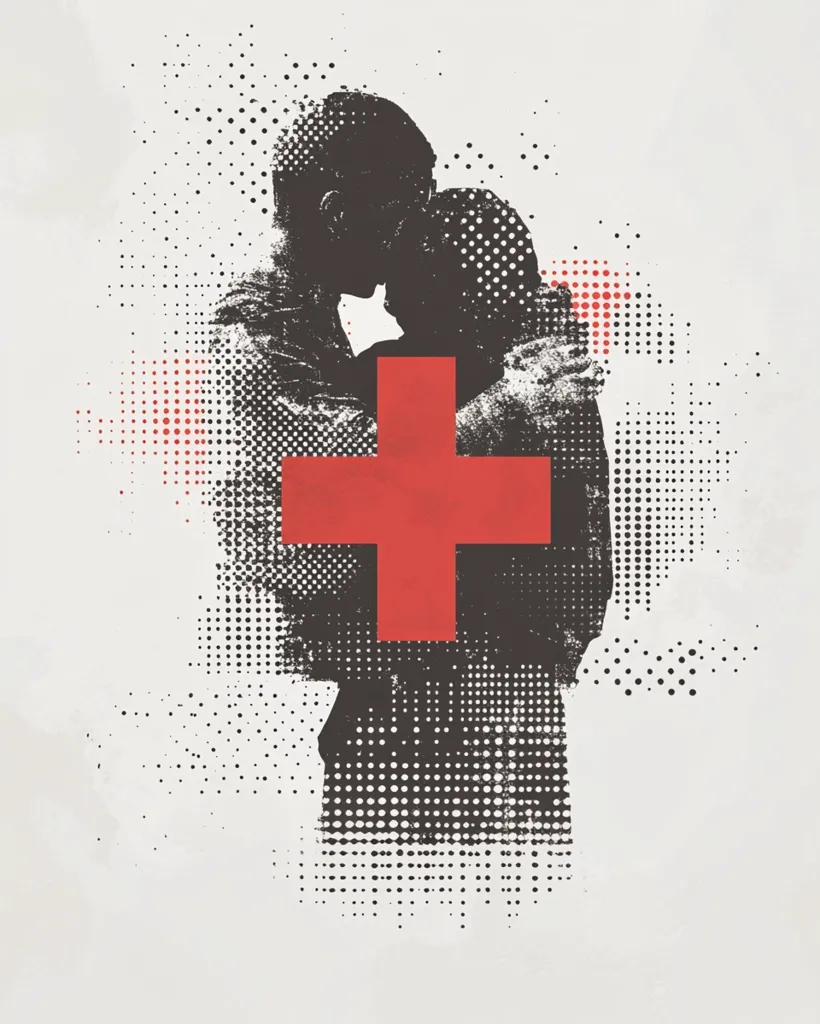 The image is a silhouette of two people embracing. The silhouette is partially obscured by a red cross, which is superimposed over the image in a grunge style. The background is a halftone pattern of black dots. The image is a powerful visual representation of love, compassion, and hope. The red cross symbolizes help and care, while the embrace suggests a sense of comfort and security. The overall effect is one of strength and resilience in the face of adversity.
