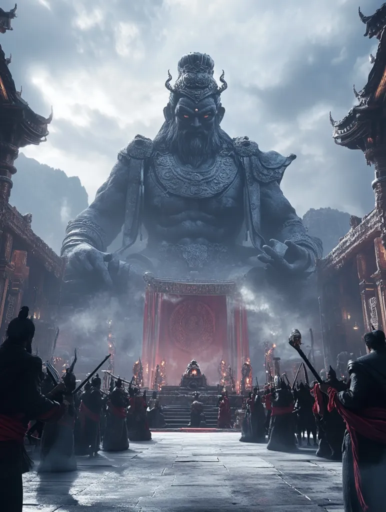 A massive, stone statue of a muscular, bearded deity sits atop a throne in a grand, ancient temple. The deity has a menacing expression and red eyes, and is adorned with a ornate headpiece.  A crowd of people stand in awe below, with some holding swords or staffs. The scene is shrouded in mist and clouds, adding to the sense of mystery and power.