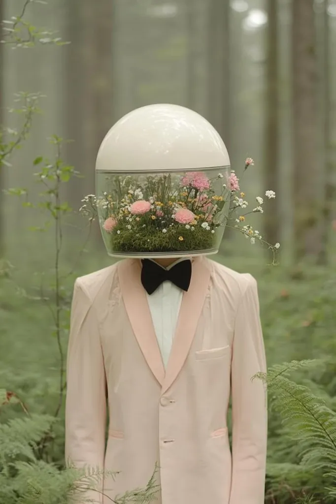 A person in a pink suit and a black bow tie stands in a forest, their head replaced by a white dome-shaped terrarium filled with lush greenery and delicate pink flowers. The scene is softly lit, creating a dreamlike and surreal atmosphere. The figure seems to be merging with the natural world, their head a symbol of interconnectedness.