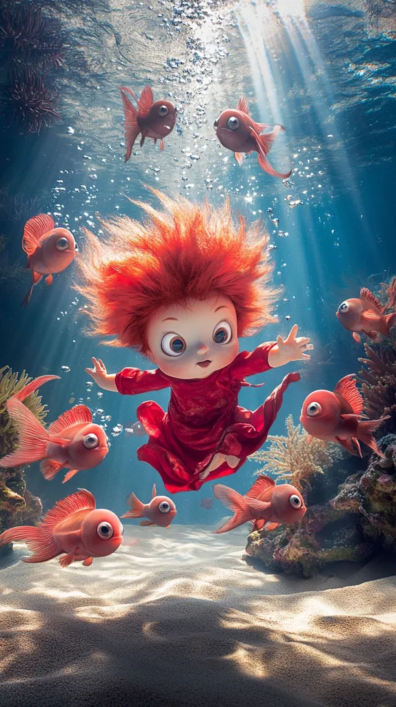 A little girl with red hair and a red dress swims underwater, surrounded by bright orange fish with large eyes. The scene is vibrant and cheerful, with sunlight streaming through the water. The girl's eyes are wide with wonder, as she explores the underwater world. The seabed is sandy with coral formations, adding depth and texture to the image.