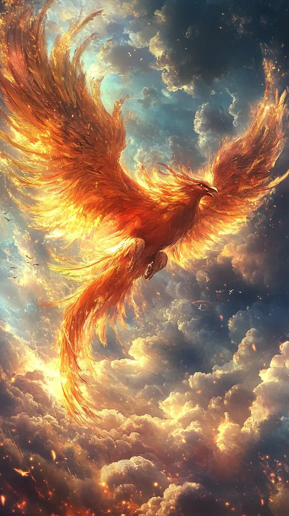 A fiery phoenix soars through a sky filled with fluffy white clouds and bursts of orange. The bird’s wings are spread wide, its body is golden and its feathers create an ethereal glow. The image has a sense of power and rebirth.