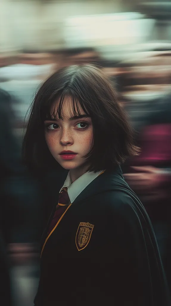 A young woman with short, dark hair and a serious expression looks directly at the camera. She wears a black uniform with a red and gold tie and a crest on the left side of her chest. The background is out of focus and blurry, suggesting movement or a crowded environment. The image has a mysterious and alluring quality, evoking a sense of youth and power.