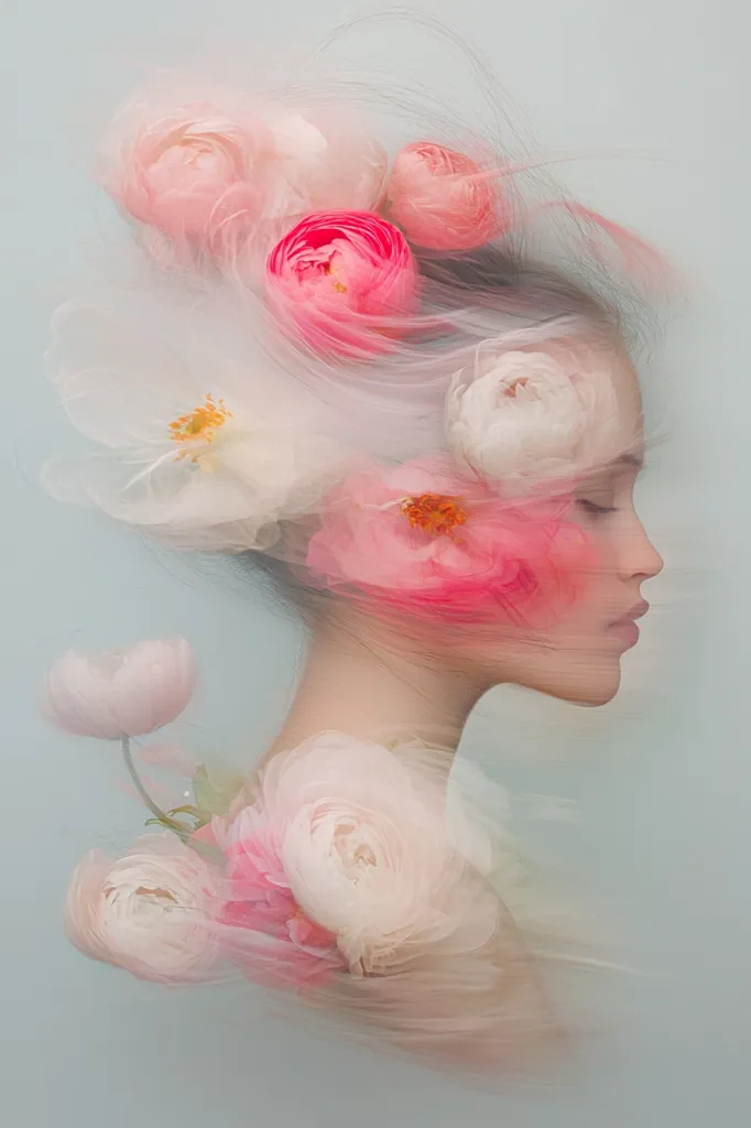A woman's face is obscured by a flurry of soft, pink and white flowers. Her hair is long and flowing, and her skin is pale and delicate. The image is dreamy and ethereal, with a soft focus and a light, airy feel. The colors are muted and pastel, creating a sense of tranquility and beauty.