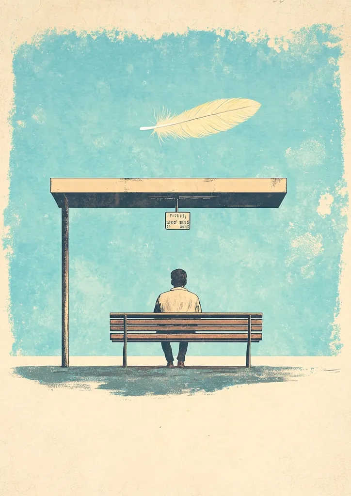 A man sits alone on a bench under a bus shelter. The sky is blue and a single white feather floats in the air. The image evokes a sense of loneliness and contemplation. The textured background adds a vintage feel to the scene.  The man's back is turned to the viewer, implying a sense of introspection.  The bus shelter appears to be deserted, further emphasizing the sense of isolation.