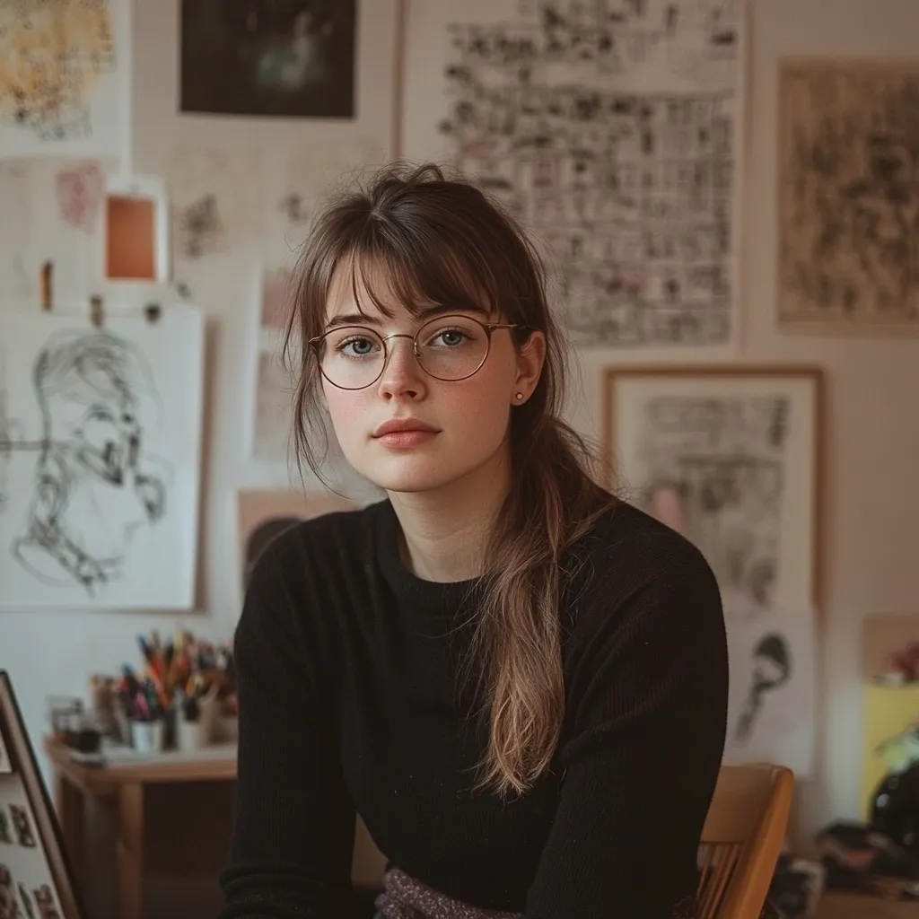 A young woman with long brown hair and bangs sits in a room with a wooden table and chair. She is wearing round, gold-rimmed glasses, a black sweater, and has a serious expression on her face.  There are drawings on the wall behind her. The overall atmosphere is calm and subdued.