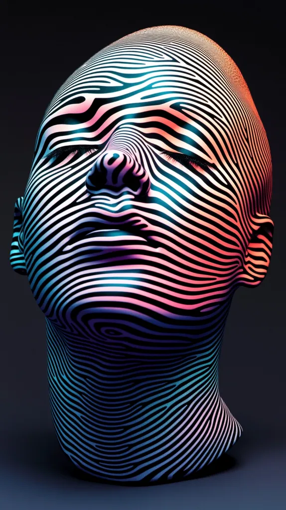 A 3D render of a human head, made of black and white stripes with a subtle gradient of blue and pink. The face is smooth with closed eyes, and the head is tilted back.  The lines are curved to create a textured effect. The background is a solid dark grey.  The overall effect is abstract and somewhat unsettling.