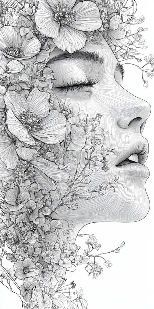 A black and white line art drawing of a woman's face surrounded by delicate flowers. Her eyes are closed and her lips are slightly parted, creating a serene expression. The intricate details of the flowers and the woman's features are emphasized through the use of lines, creating a sense of beauty and fragility.  The drawing evokes a sense of calmness and tranquility.