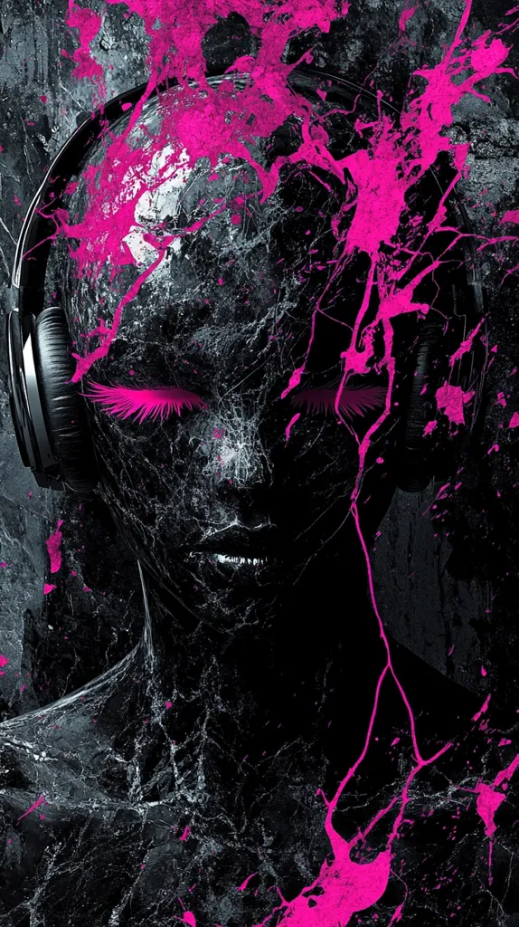 The image is an abstract portrait of a person with a black and white textured face, a dark background with pink paint splatters, and a black headphone covering one ear. The person's eyes are closed, and their lips are slightly parted. The pink paint splatters create a sense of energy and movement, while the black and white texture gives the image a grunge aesthetic. The headphones add a touch of modernism to the image.