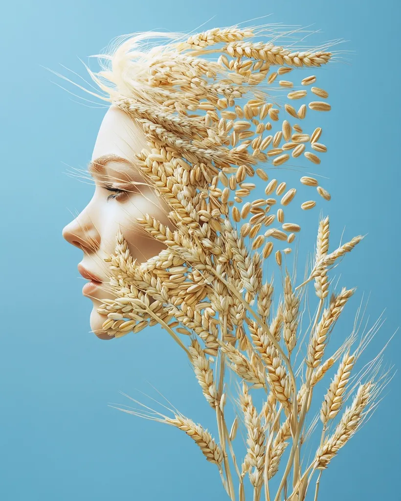 A woman's face is partially obscured by a cluster of wheat stalks, creating a surreal and abstract image. The wheat appears to be growing from her head, as if her hair has been replaced by the grain. The image is set against a light blue background, highlighting the golden hue of the wheat. The overall effect is ethereal and captivating, emphasizing the beauty of nature and the human form.
