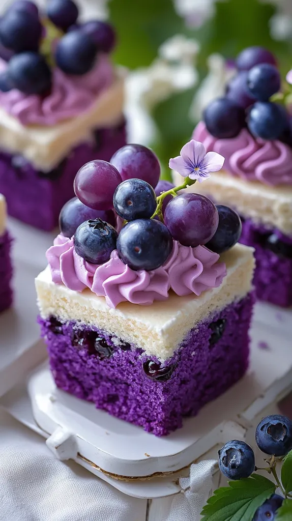 A close-up shot of a purple cake with a white frosting and a cluster of fresh blueberries and grapes on top. It is on a white serving plate. The cake is also surrounded by other purple cakes, with a blurred background of green leaves and a white tablecloth. The image is a delightful representation of a sweet and colorful dessert.