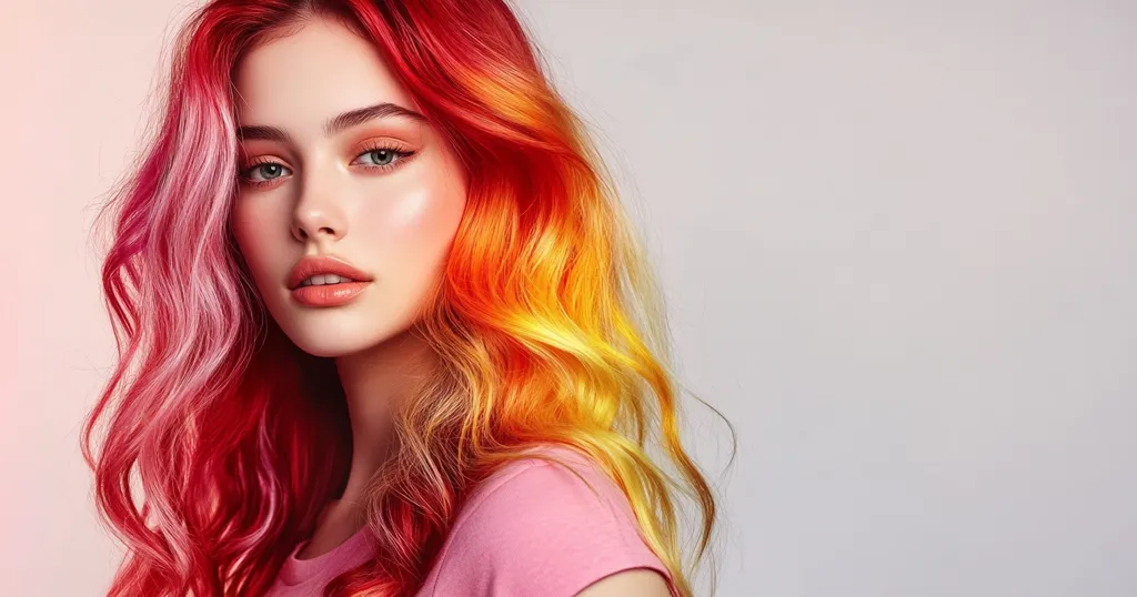 A young woman with long, wavy hair dyed in shades of red, orange, and yellow. Her hair cascades over her shoulders, framing her face. She is wearing a soft pink shirt. The background is a simple, light gray. The woman's eyes are bright and her lips are full and slightly parted. She has a hint of blush on her cheeks. She looks directly at the camera with a serene expression.