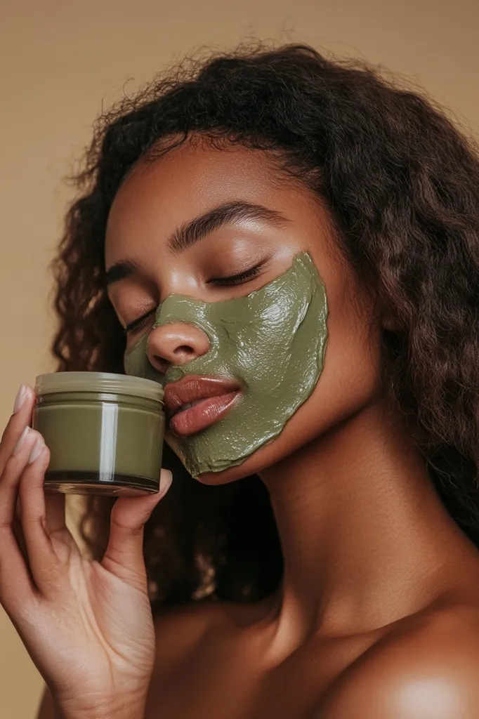 A woman with long, curly hair is applying a green face mask. She is holding a small jar of the mask in her right hand. The woman's eyes are closed and her lips are slightly parted. The background is a light brown color. The image is a close-up and is focused on the woman's face.