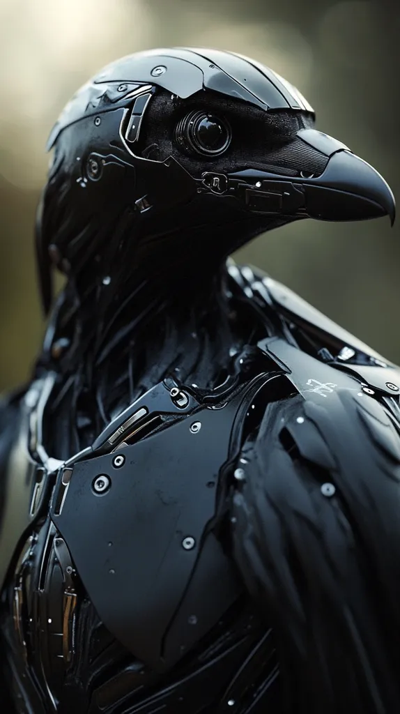 A black, robotic crow with a sleek, metallic body. It has a bird-like beak, a large, circular eye, and a head that looks like a futuristic helmet. The crow's body is intricately designed, with numerous mechanical parts and details. The image creates a sense of mystery and intrigue.