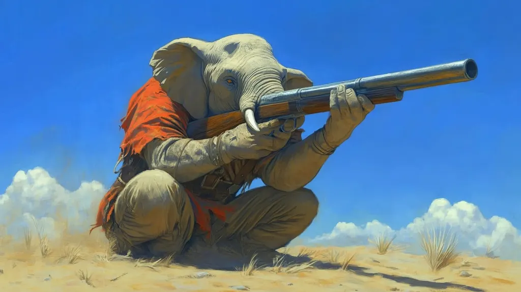 The image depicts a humanoid elephant in a squatting position, aiming a long gun with a serious expression on its face.  It is dressed in a red and brown outfit, and the scene takes place in a desert landscape with a blue sky and white clouds. The elephant's tusks are visible and appear to be part of the gun's design.  The overall image conveys a sense of determination and a hint of danger.