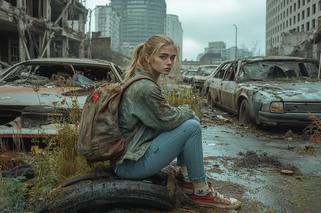 A young woman sits on a tire in a post-apocalyptic cityscape, her backpack slung over her shoulder. The background shows a desolate urban environment with abandoned cars and buildings, suggesting a catastrophic event. The woman's expression is solemn, reflecting the harsh reality of her surroundings. Her attire, including a worn jacket and jeans, further emphasizes the theme of survival. The image portrays a sense of isolation and resilience in the face of adversity.