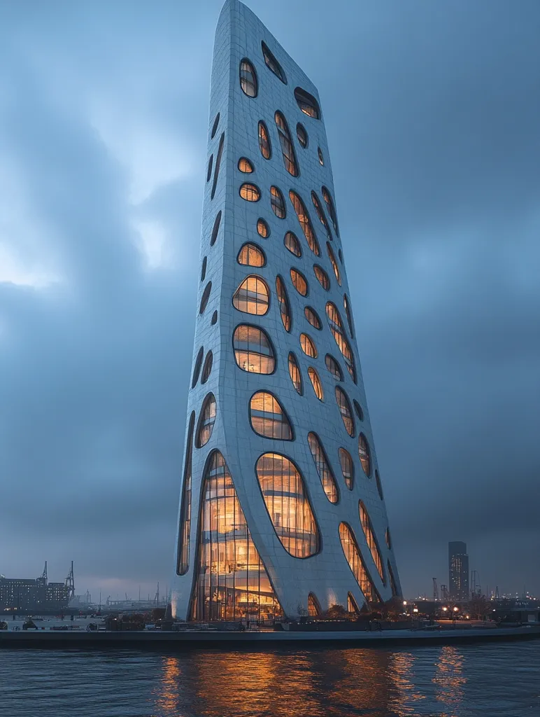 A tall, modern skyscraper with an unusual, organic facade of rounded windows and flowing lines stands against a pale blue sky. The building is illuminated from within, casting warm light onto the water's surface below. The structure appears to be a unique and innovative design, with a focus on natural forms. The surrounding area includes a waterfront, a cityscape, and a hazy sky.
