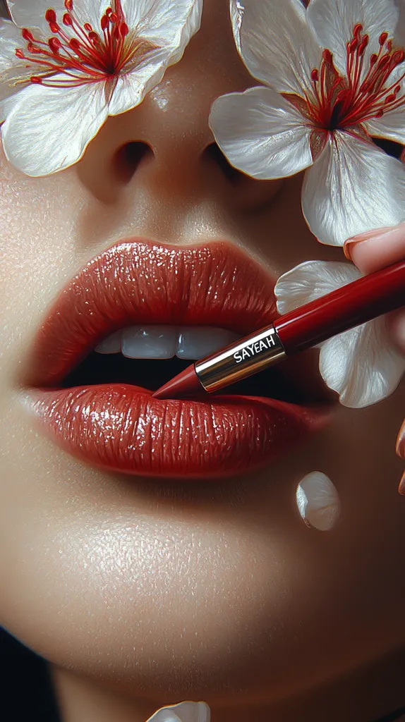 A close-up shot of a person's lips with a red lipstick. The person is holding a red lipstick tube with the brand name "SAYEAH" on it. There are white flowers with red centers surrounding the lips. The image has a soft focus and a warm color palette.