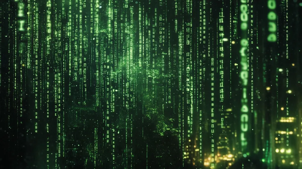 A digital background resembling the Matrix, with cascading green code against a dark backdrop. The code appears to be binary, with a few letters visible. There is a slight blur to the code, as if it is moving rapidly down the screen. Scattered throughout are small white and yellow sparks, adding to the digital aesthetic.