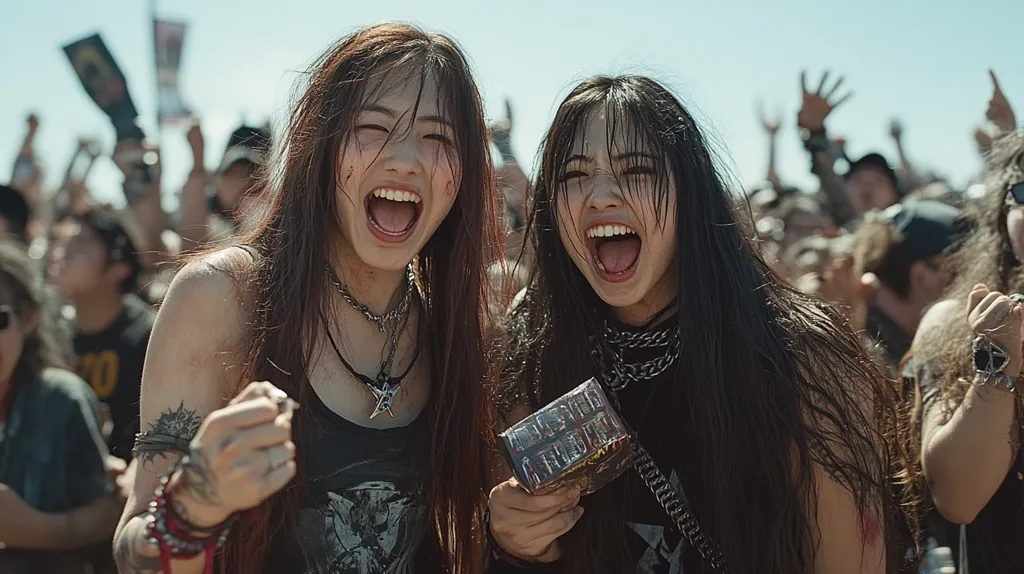 Two young women with long black hair and dark clothing are in the foreground of a crowded outdoor event. They are both smiling widely and have their mouths open. The woman on the left has a tattoo on her arm and is holding a small item in her hand. The woman on the right is holding a box with a white design on it. They are surrounded by a crowd of people, many of whom are raising their hands in the air. The atmosphere is lively and enthusiastic.
