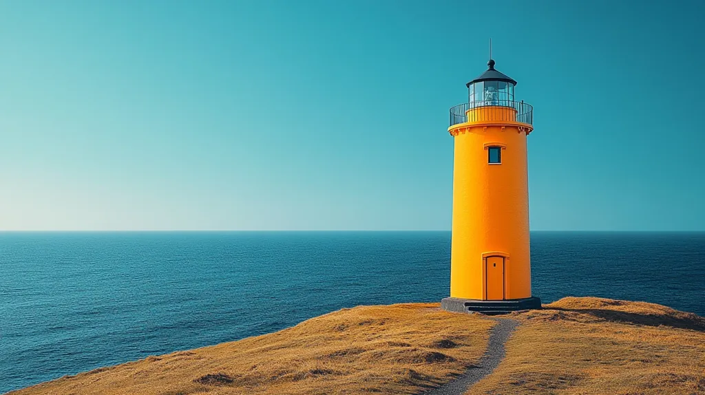 A bright yellow lighthouse stands tall against a clear blue sky and a vast, deep blue ocean. The lighthouse is perched on a grassy cliff, with a path leading away from its base. The scene is serene and peaceful, with the lighthouse a beacon of hope and guidance.