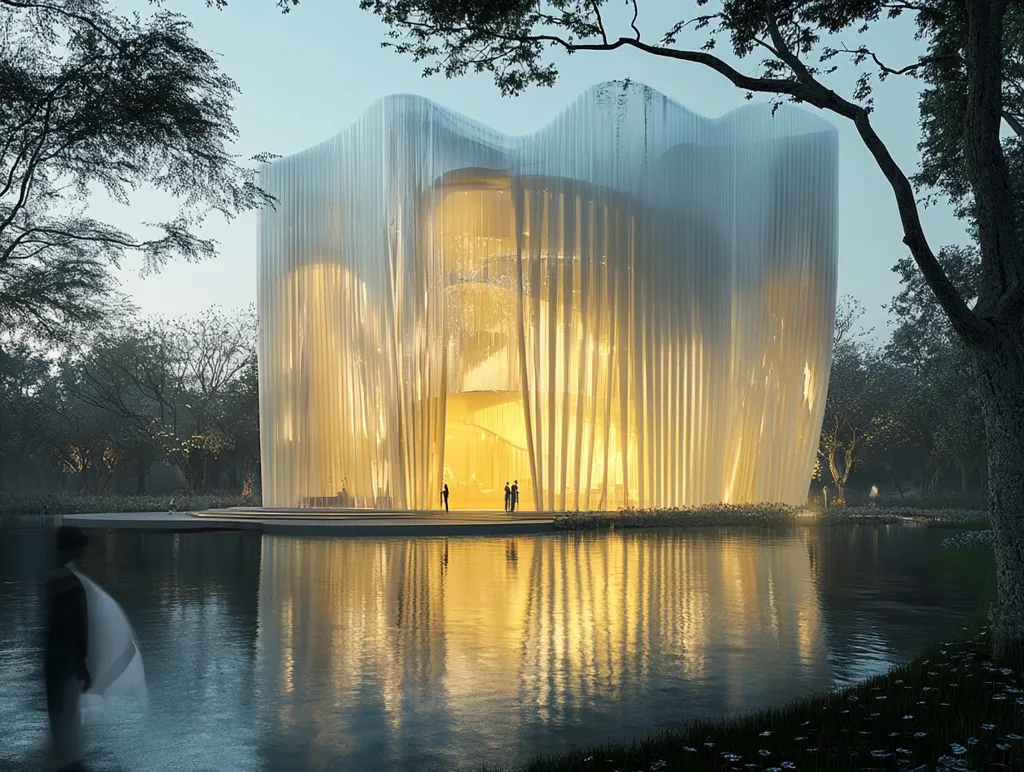 A modern, translucent building with a wavy, rippling facade stands illuminated in the twilight. It is surrounded by a still pond reflecting the warm glow of the building. Silhouetted trees frame the scene, adding a sense of serenity and mystery.  A few people are walking towards the structure, creating a sense of anticipation and wonder.  The overall effect is one of peaceful contemplation and architectural beauty.