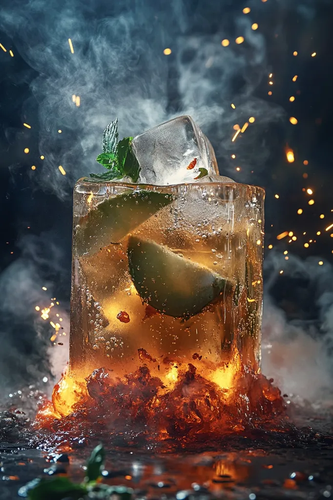A glass filled with a golden liquid, ice cubes, and a lime wedge sits on a bed of orange-colored ice. The glass is surrounded by smoke and sparks, creating a dramatic and ethereal atmosphere. The cool, refreshing drink contrasts with the fiery backdrop, suggesting a duality of heat and cold. The image is likely a stylized representation of a cocktail.