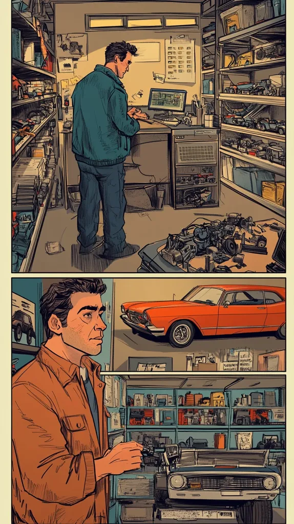 The comic book panel depicts a man in a garage setting, surrounded by shelves stocked with various items. He appears to be working on a car, looking over the engine, as parts and tools surround him. The panel above shows a different version of the man working behind a counter in a similar environment, suggesting a story unfolding. The image is drawn in a comic book style, with bold lines and vibrant colors.