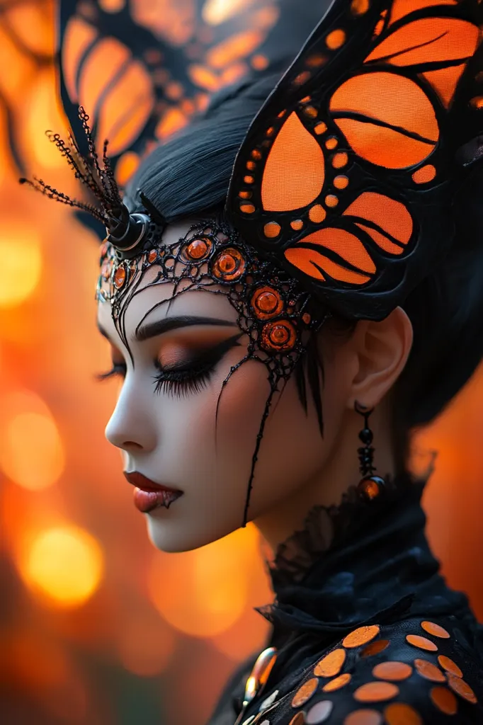 A woman with dark hair wears a black lace and orange butterfly headdress. Her eyes are closed, and her makeup is dark and dramatic. She is wearing a black dress with orange accents, and her expression is serious and mysterious. The background is a blur of warm orange and yellow lights. The overall mood of the image is dark and enchanting, with a hint of fantasy.