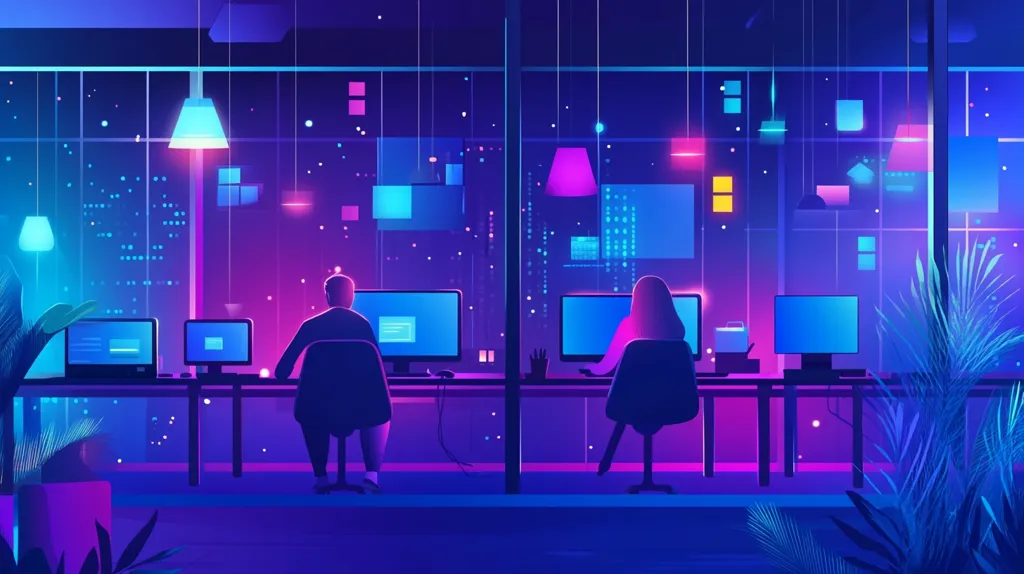 The image depicts a brightly lit office space at night. Two individuals sit at their desks, facing away from the viewer, working on their computers. The windows behind them are filled with glowing city lights, creating a vibrant backdrop. Neon lights and hanging lamps illuminate the space, casting a colourful glow. The scene exudes a sense of late-night productivity and urban energy.