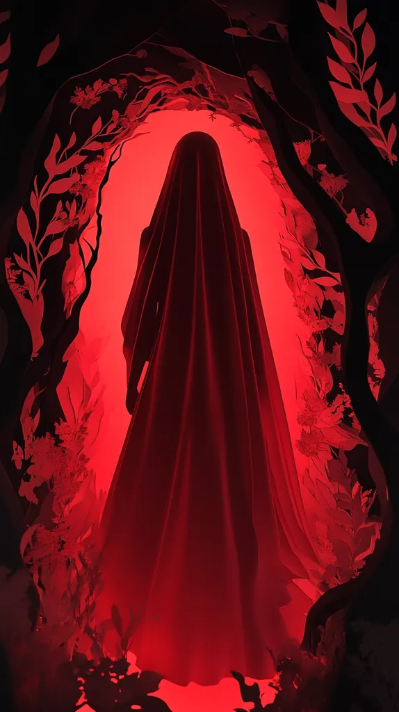 A figure in a long, red gown stands in a shadowy, red-lit doorway. The figure's face is hidden by the hood of the gown. The doorway is framed by black silhouettes of branches and leaves, adding to the mysterious and ethereal atmosphere. The red light casts an ominous glow, creating a sense of foreboding.