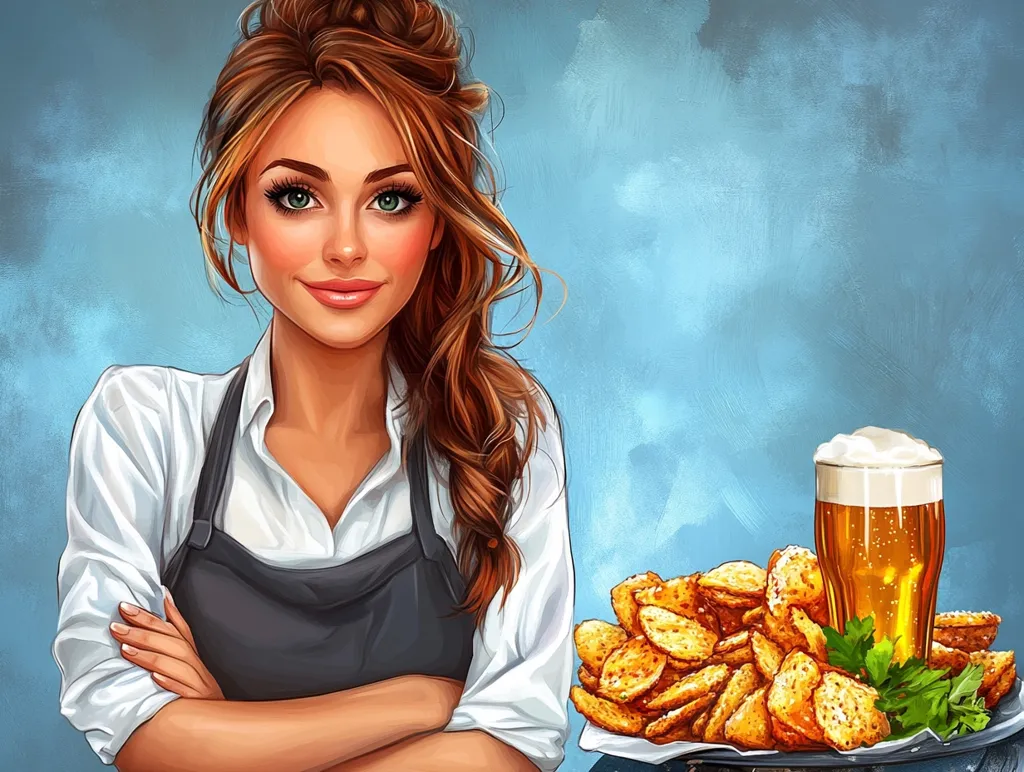 A woman with long brown hair, wearing a white shirt and a black apron, stands with her arms crossed, smiling at the viewer. She is in front of a tray of golden fried potatoes, accompanied by a tall glass of frothy beer, all against a light blue background.  The image has a warm, inviting, and slightly retro feel.