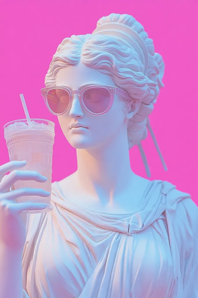 A white marble statue of a woman with a bun in her hair is wearing sunglasses and holding a glass of lemonade. She is posed against a bright pink background. The image is a playful and humorous take on classical art.