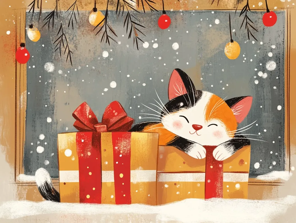 A calico cat with a big smile is peeking out from a large, gift-wrapped box in a snowy window.  Christmas lights and ornaments hang from the evergreen branches above. The scene is whimsical and inviting, capturing the joy of the holiday season.